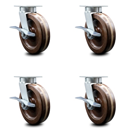 Service Caster 8 Inch Kingpinless High Temp Phenolic Wheel Swivel Caster Set with Brakes SCC SCC-KP30S820-PHRHT-SLB-4